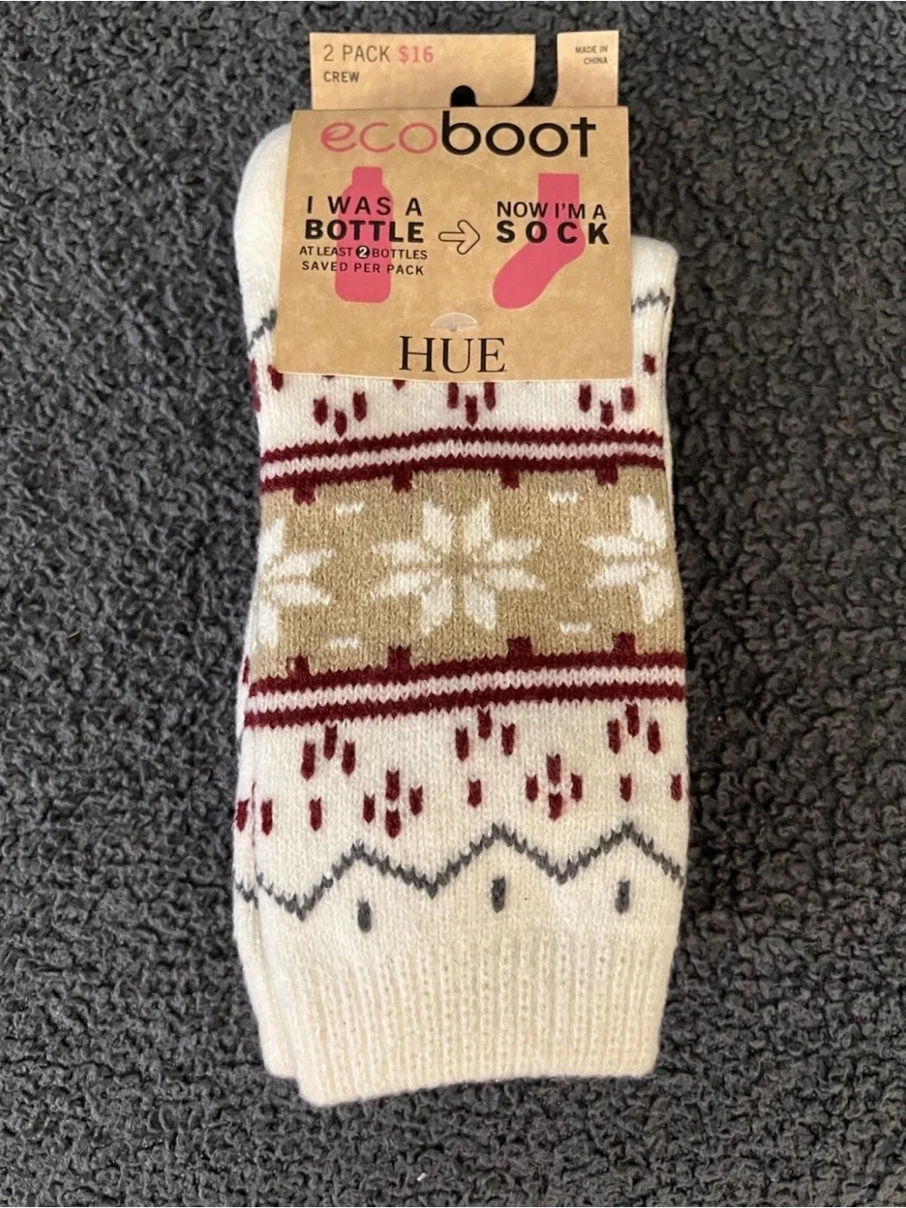 HUE Womens Fairisle Crew Boot Socks 2 Pair Pack Ivory Print & Black One Size $16